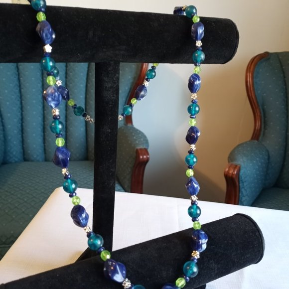 Necklace and Earring Set Navy Teal Lime Silver Tone Beaded EUC-Item #193 - Picture 4 of 4